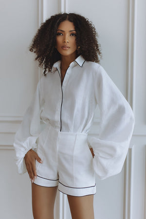 LULABELL LINEN SHIRT - POWDER WHITE/BLACK TRIM