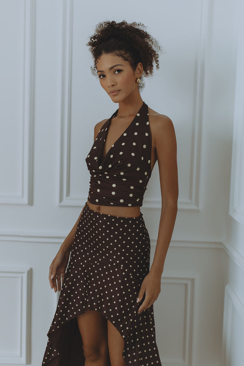 Belle Halter Neck Top - Choc/White Polka Dot