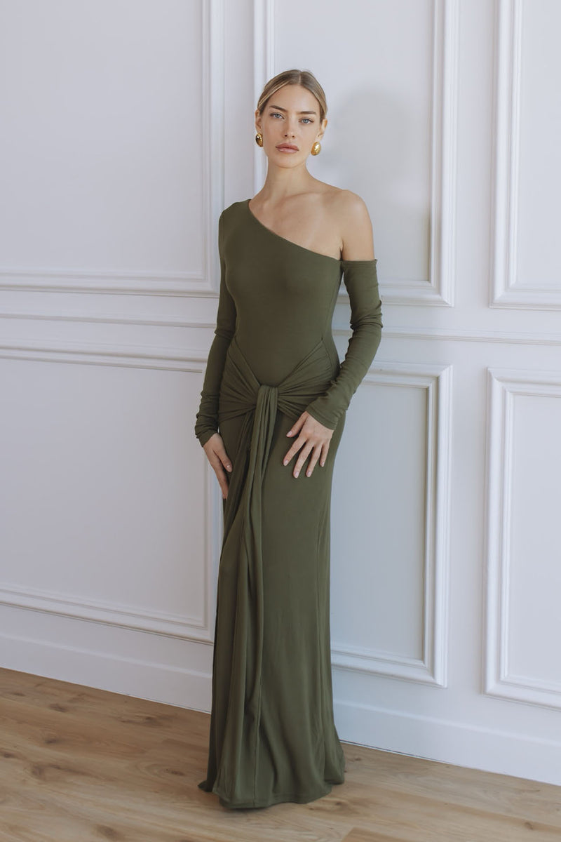 army green maxi dress BIANCA ONE SHOULDER MAXI DRESS