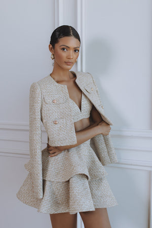 MARGAUX BOUCLE TIERED MINI SKIRT - LIGHT GOLD