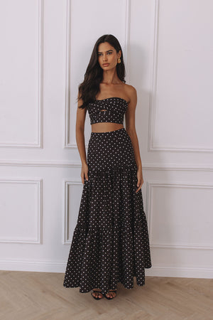 AYLA TIERED MAXI SKIRT - BLACK/WHITE POLKA