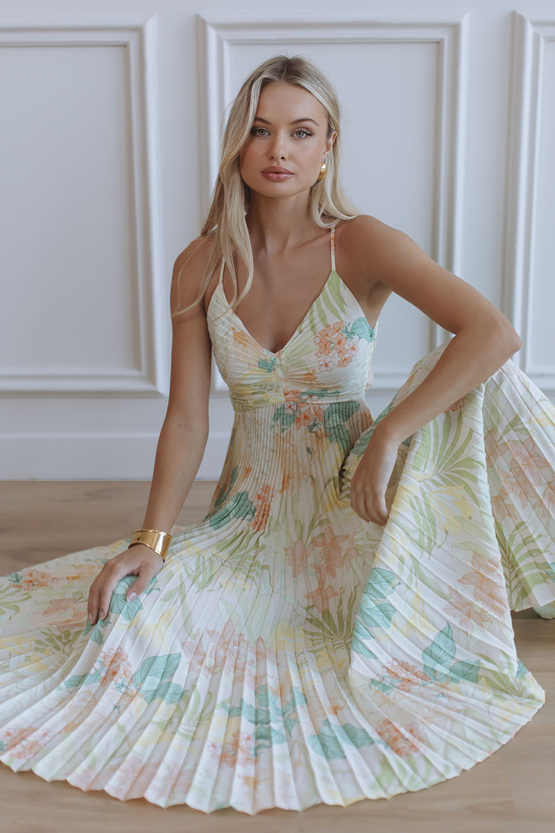 peach green dress BLYTHE FLORAL PLISSE MIDI prom dresses