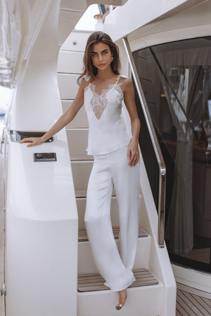 DEVIN MID RISE SATIN PANTS - ORCHID WHITE