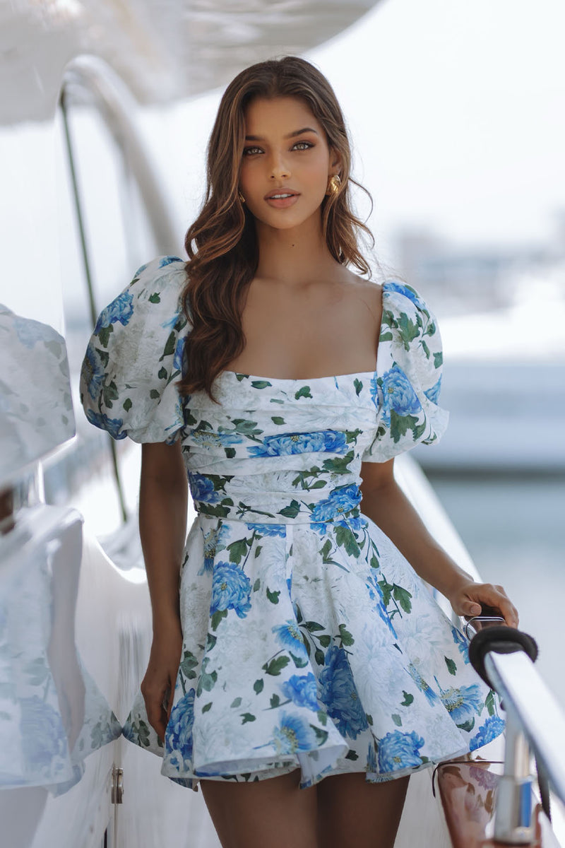 blue flowing beauty short sleeve mini dress blue flowing beauty short sleeve mini dress Stephanie Light Blue Short Puff Sleeve  Mini Dress