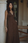 CORDELIA LINEN MIDI DRESS - CHOCOLATE