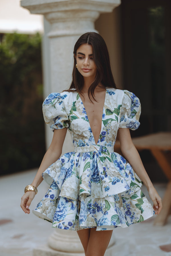 AUBRINA LINEN MINI DRESS - HYDRANGEA BLISS