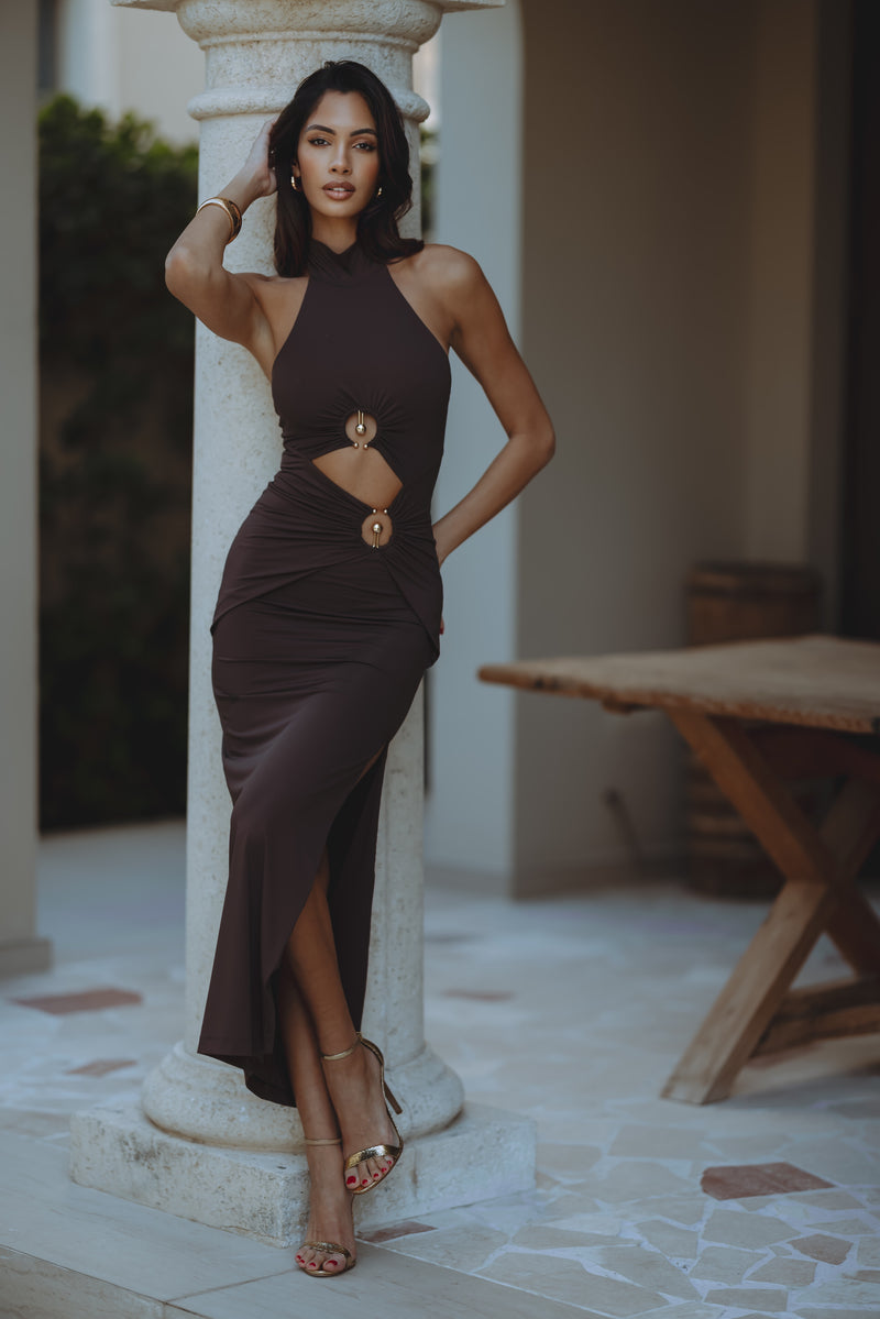 NEVE COLLAR MAXI DRESS - CHOCOLATE