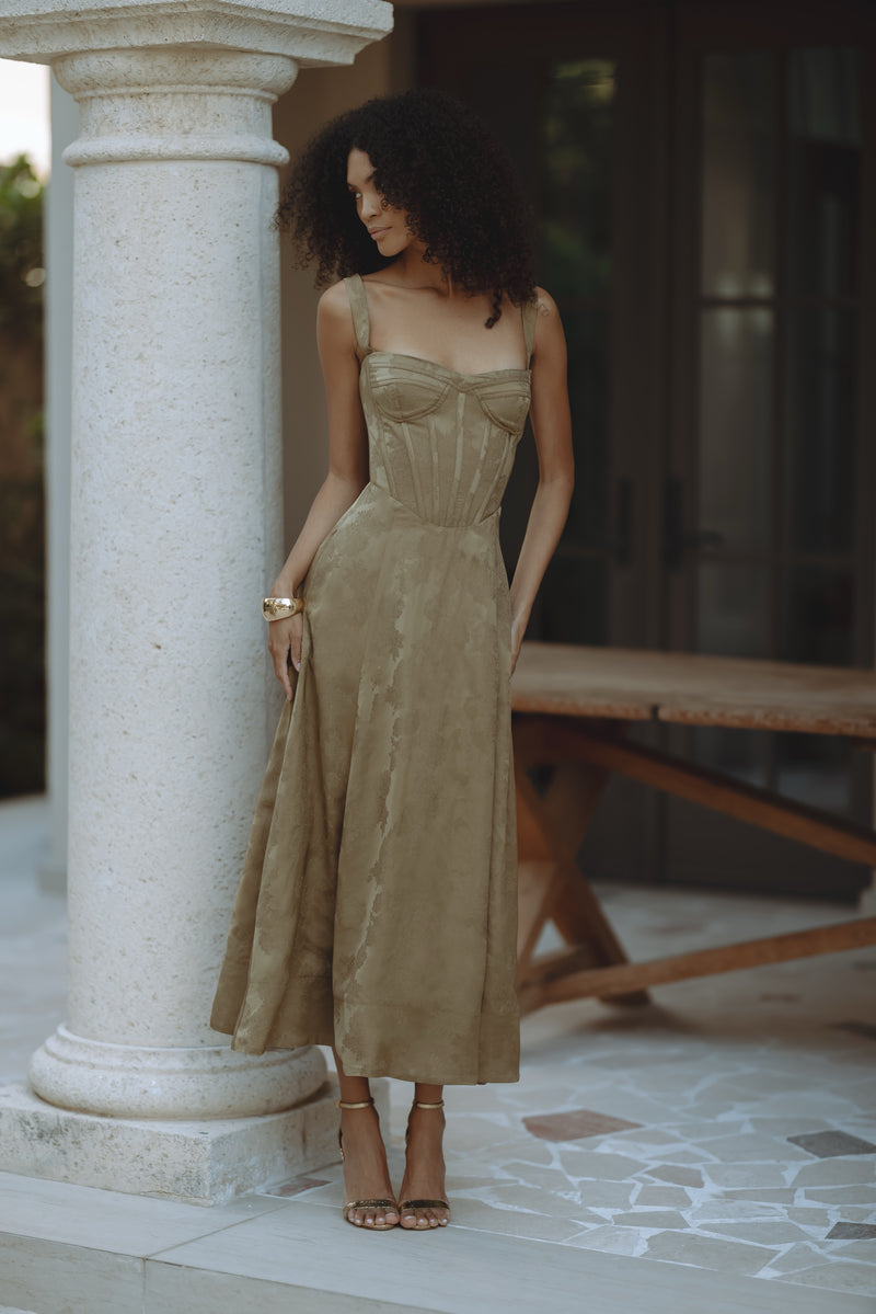 CALISSA CORSET DRESS - OLIVE JACQUARD