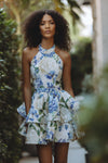 GENIE HALTER LINEN MINI DRESS - HYDRANGEA BLISS