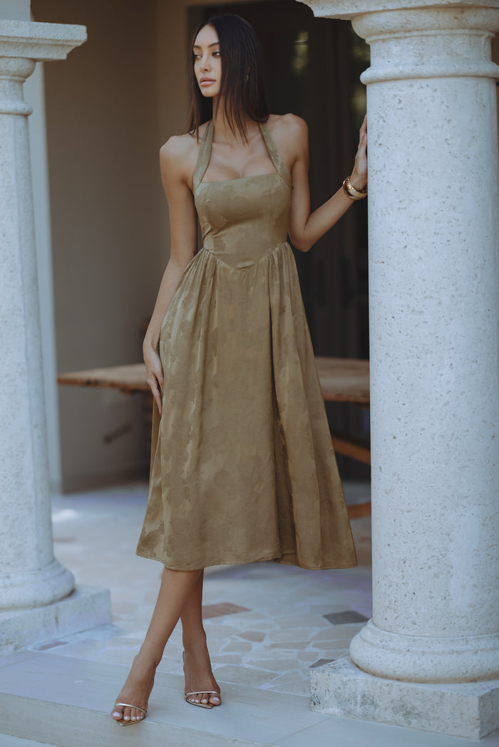 KATARINA MIDI DRESS - OLIVE/JACQUARD