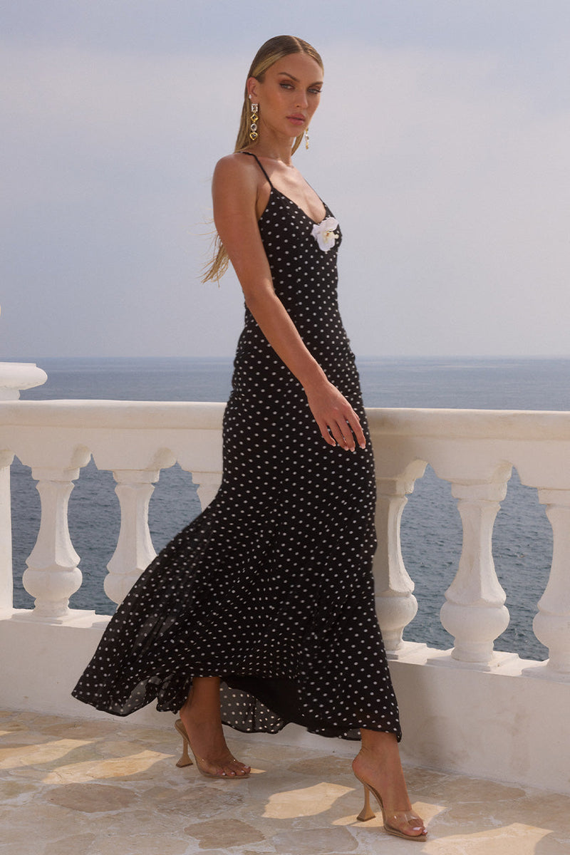 MALIKA MAXI DRESS - BLACK POLKA