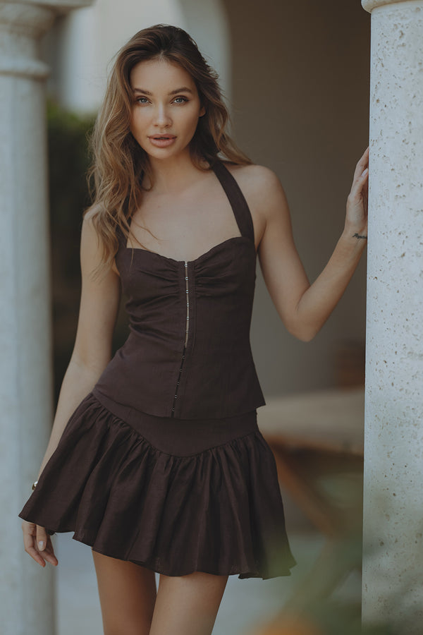 RIXTON LINEN HALTER TOP - CHOCOLATE