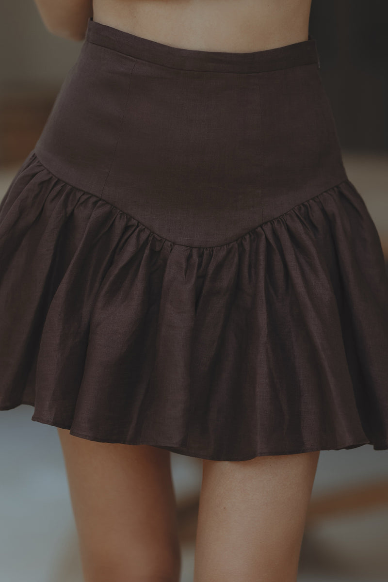 AMORETTE LINEN MINI SKIRT - CHOCOLATE