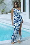 AKELI ASYM DRESS - WHITE/BLUE BOTANICA