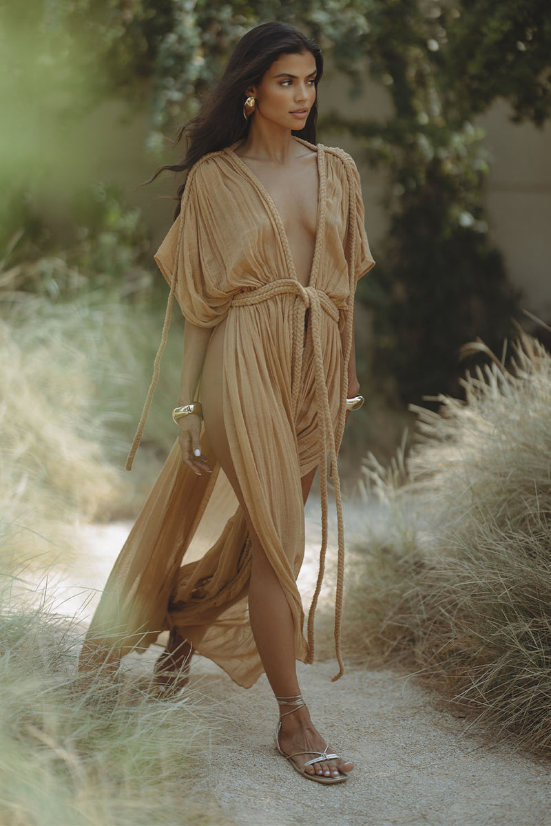 CALLIOPE SHEER MAXI ROBE DRESS - CARAMEL