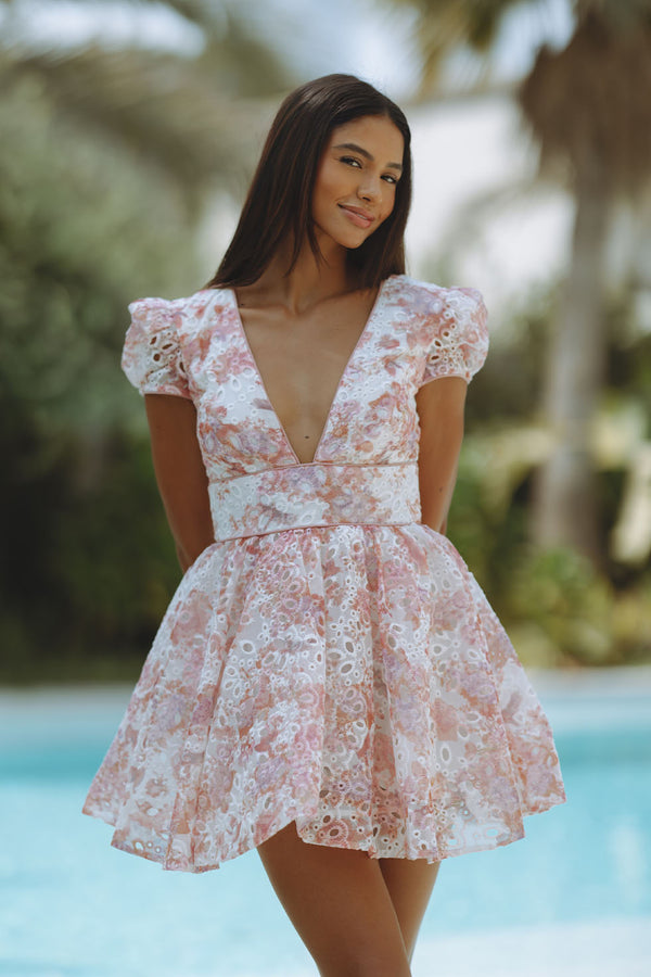 TAMARIN BRODERIE MINI DRESS - PINK FLORAL