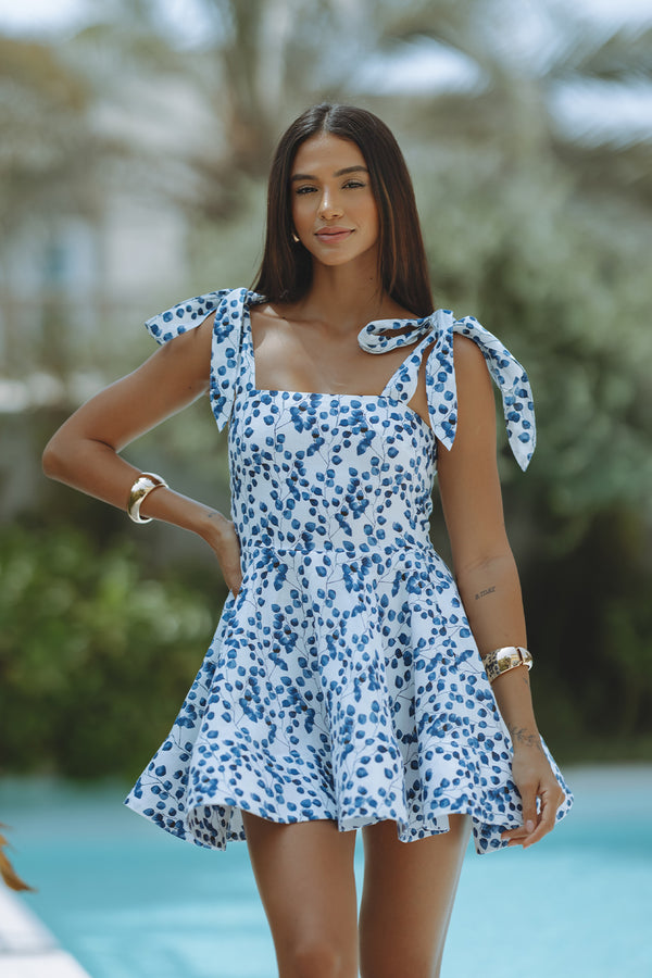 SOFIJA LINEN MINI DRESS - BLUE LEAF PRINT