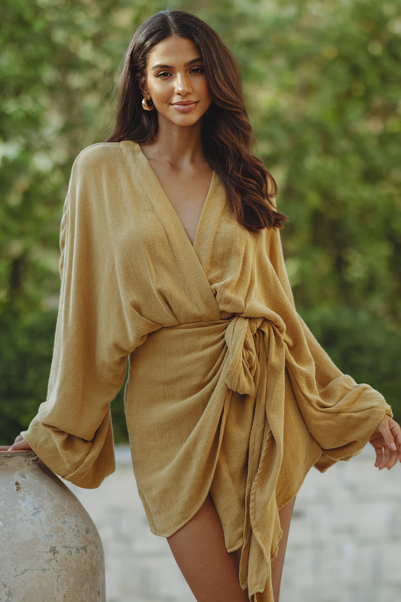 ROMARA LINEN/GAUZE DRESS - CARAMEL