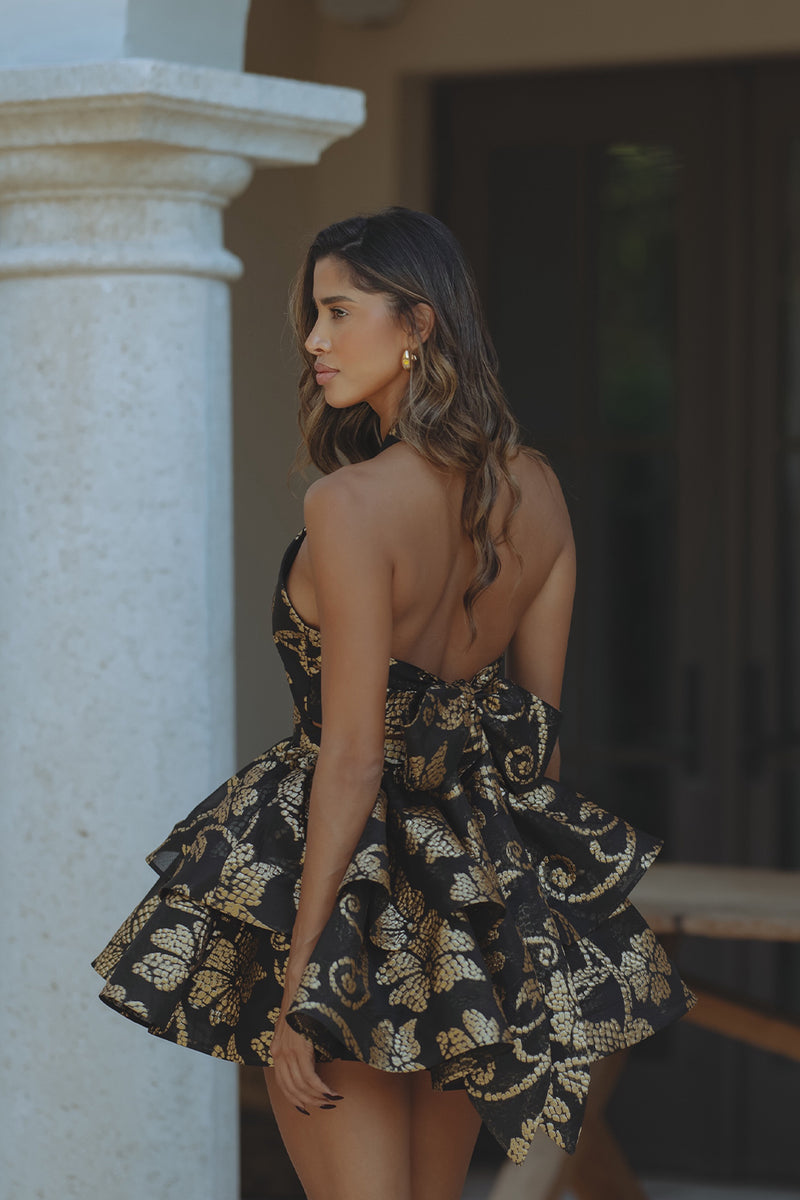 GENIE HALTER MINI DRESS - OPULENT GOLD FLORA