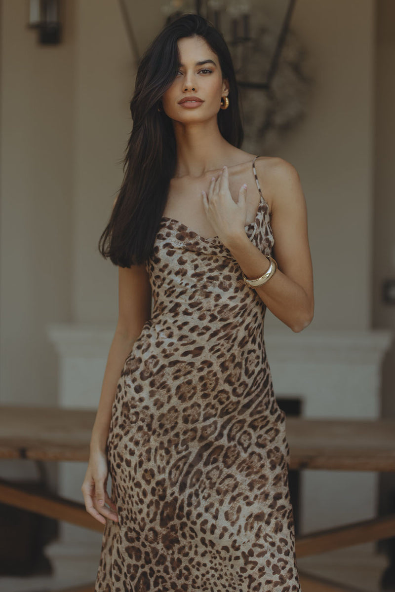 MONROE COWL NECK MAXI DRESS - BROWN LEOPARD