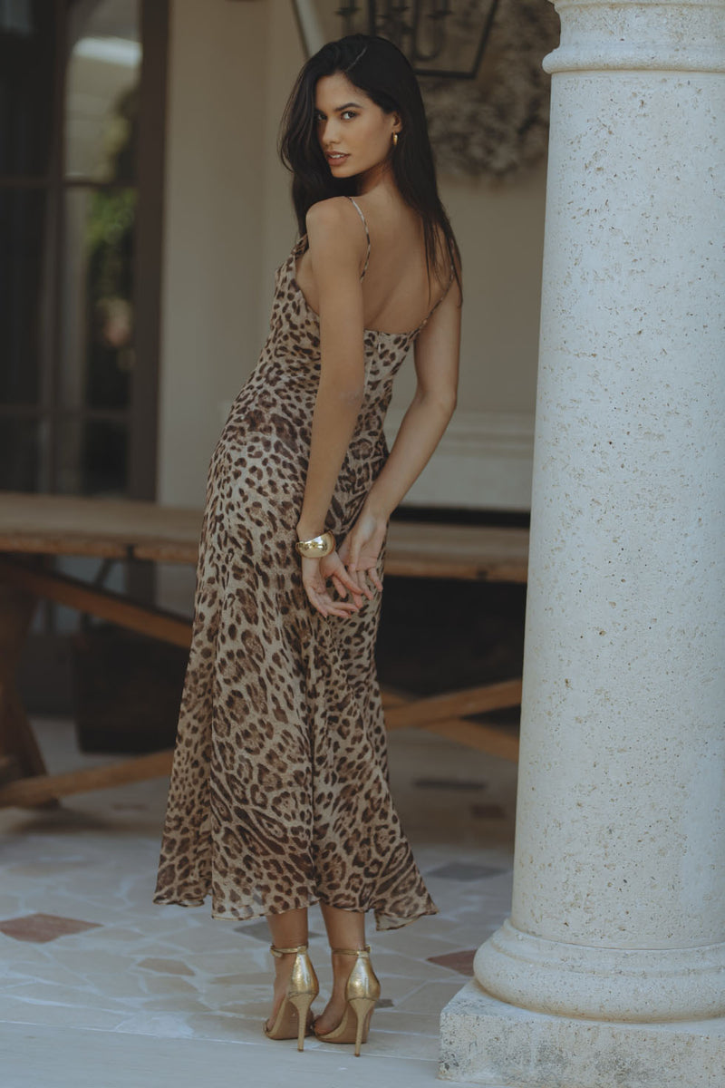 MONROE COWL NECK MAXI DRESS - BROWN LEOPARD