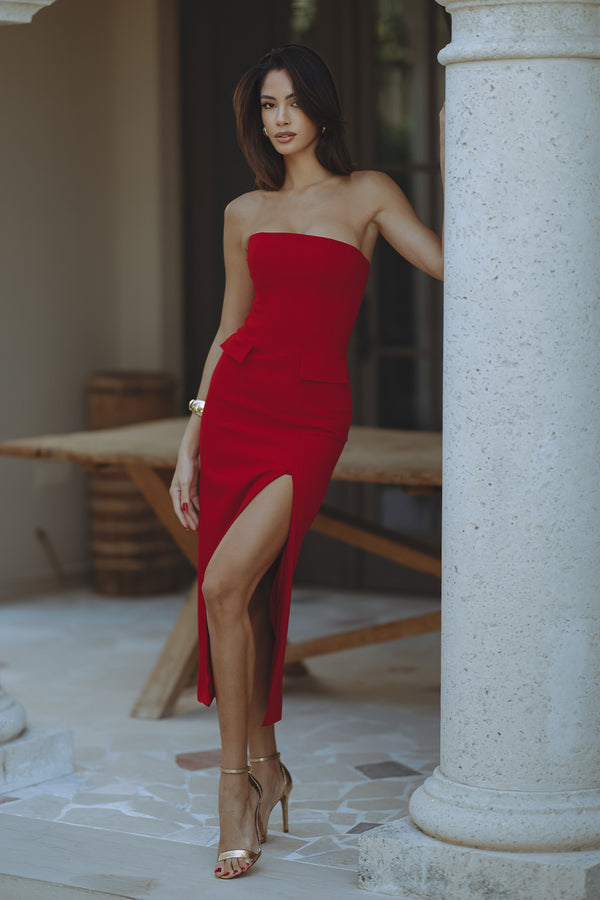 NIKKI STRAPLESS MIDI DRESS - DEEP RED