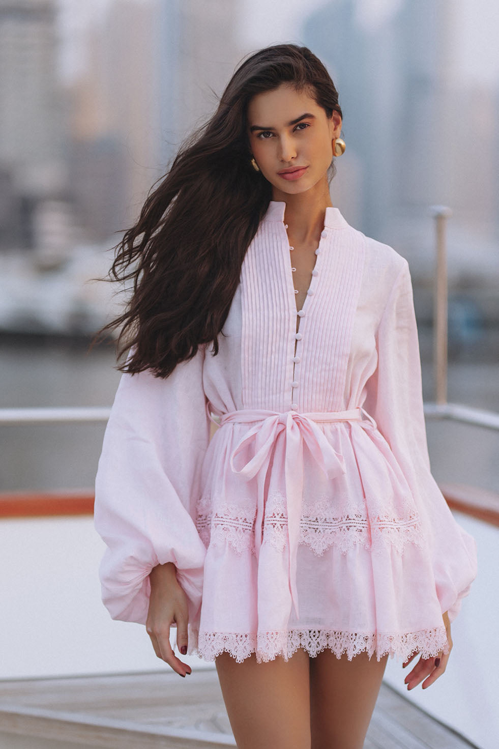 AURELIE LACE TRIM LINEN MINI DRESS - PINK – CHIC LE FRIQUE