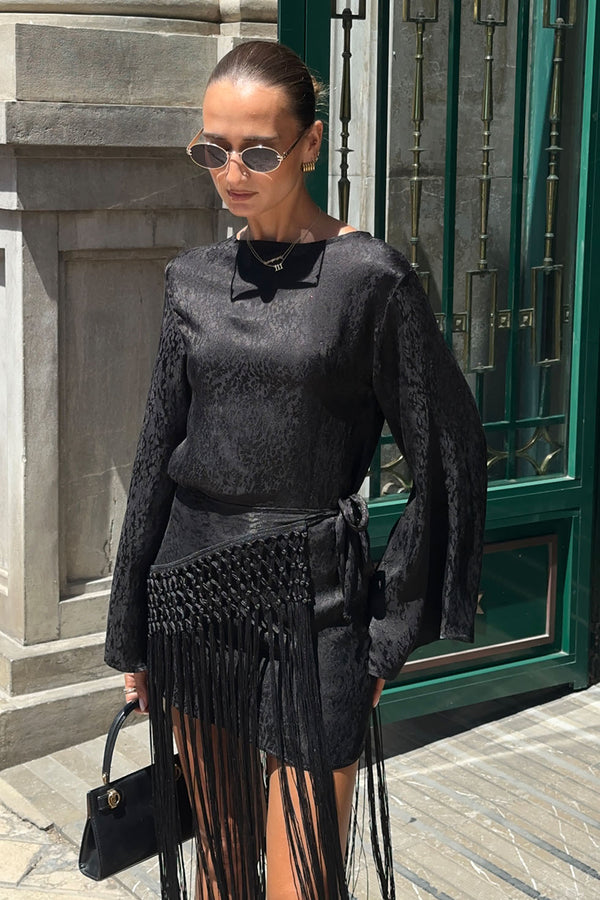 BIANCA FRINGE MINI DRESS - BLACK JACQUARD