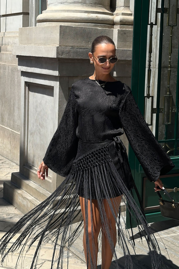 BIANCA FRINGE MINI DRESS - BLACK JACQUARD