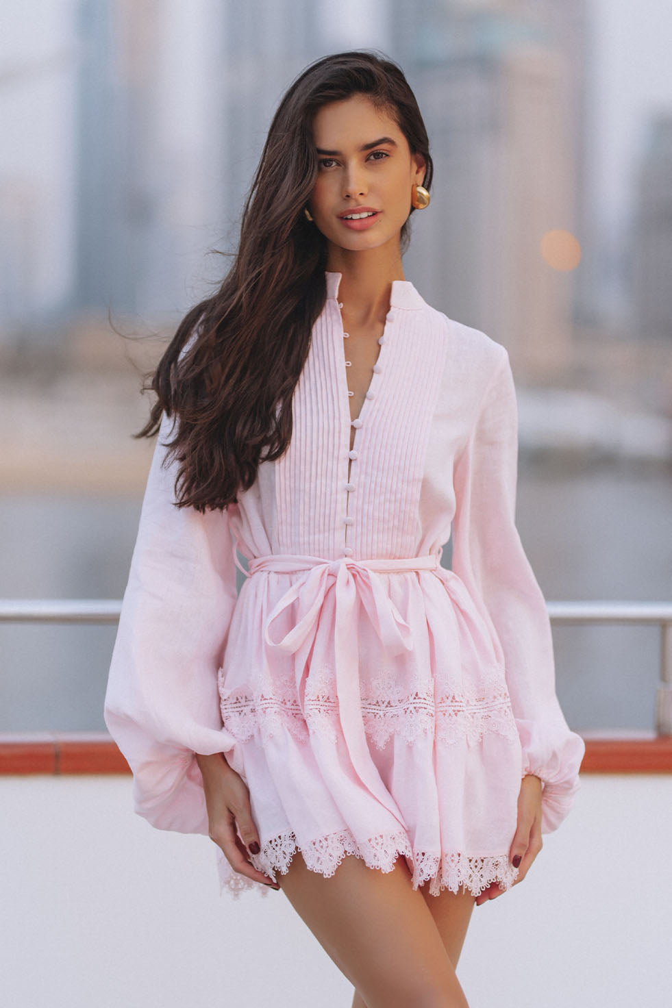 AURELIE LACE TRIM LINEN MINI DRESS - PINK – CHIC LE FRIQUE