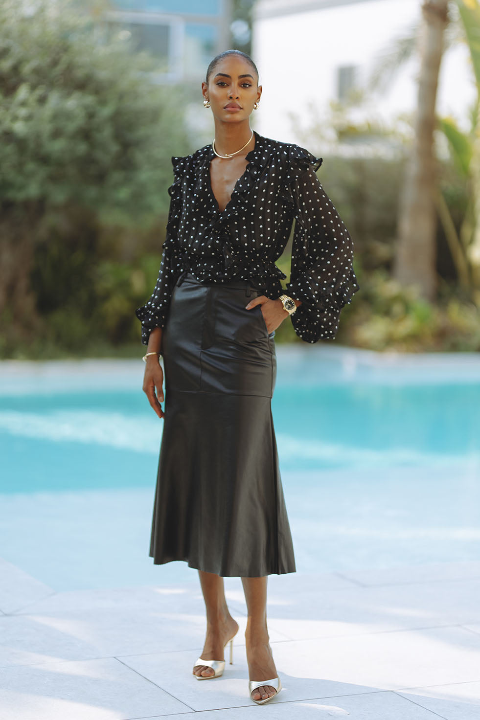 FRILL DETAIL SPOT BLOUSE - BLACK SPOT – CHIC LE FRIQUE
