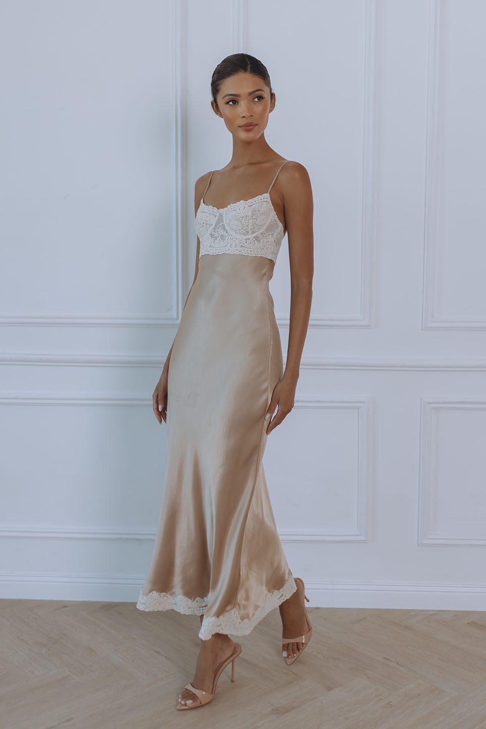 TZARIANA SATIN LACE MIDI DRESS - GOLDEN – CHIC LE FRIQUE