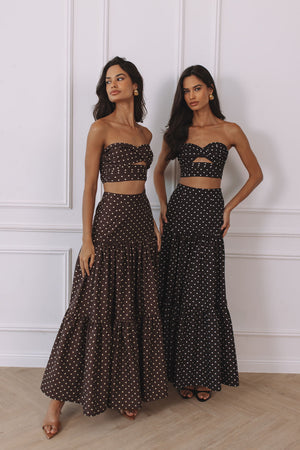AYLA TIERED MAXI SKIRT - CHOC/LEMON POLKA