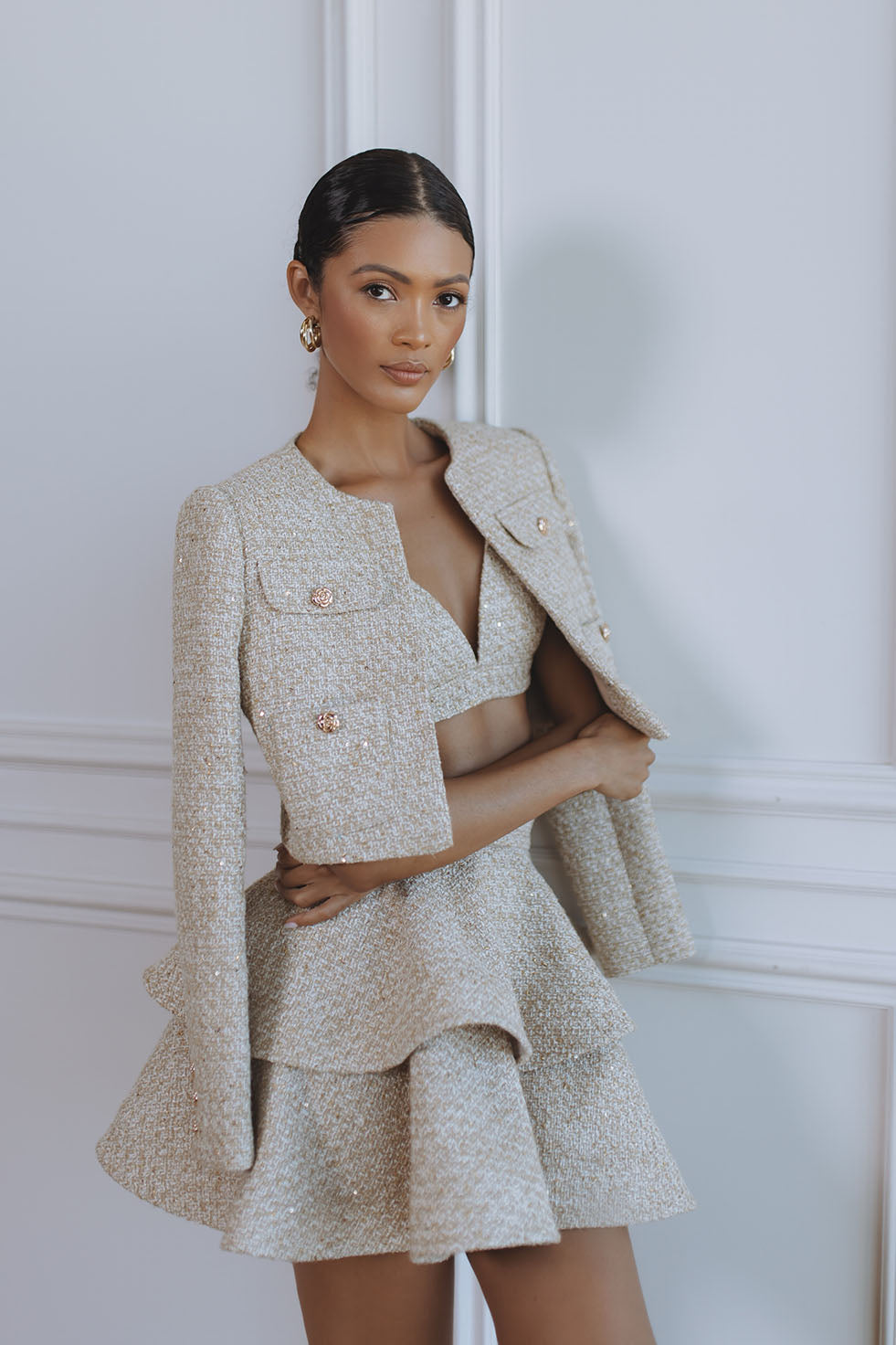 MARGAUX BOUCLE TIERED MINI SKIRT - LIGHT GOLD – CHIC LE FRIQUE