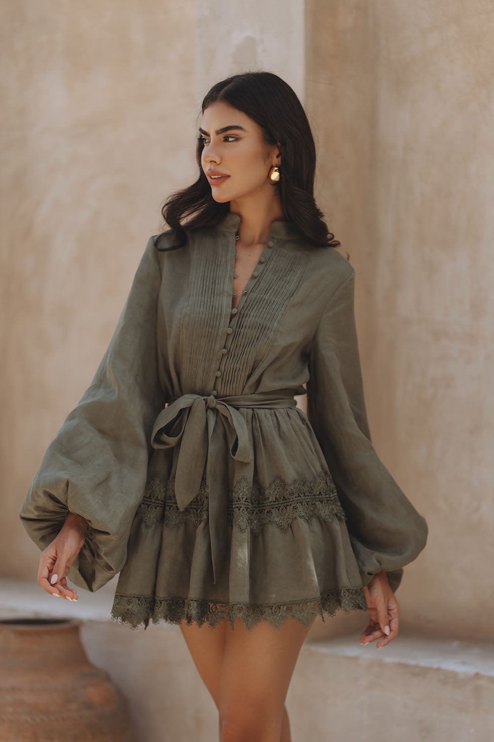 AURELIE LACE TRIM LINEN MINI DRESS - OLIVE GREEN – CHIC LE FRIQUE