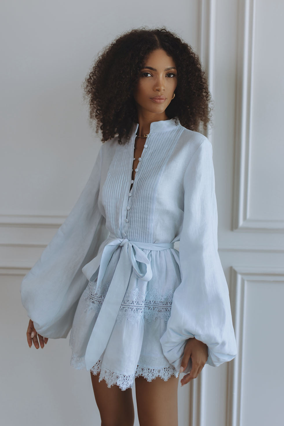 AURELIE LACE TRIM LINEN MINI DRESS - SKY BLUE – CHIC LE FRIQUE