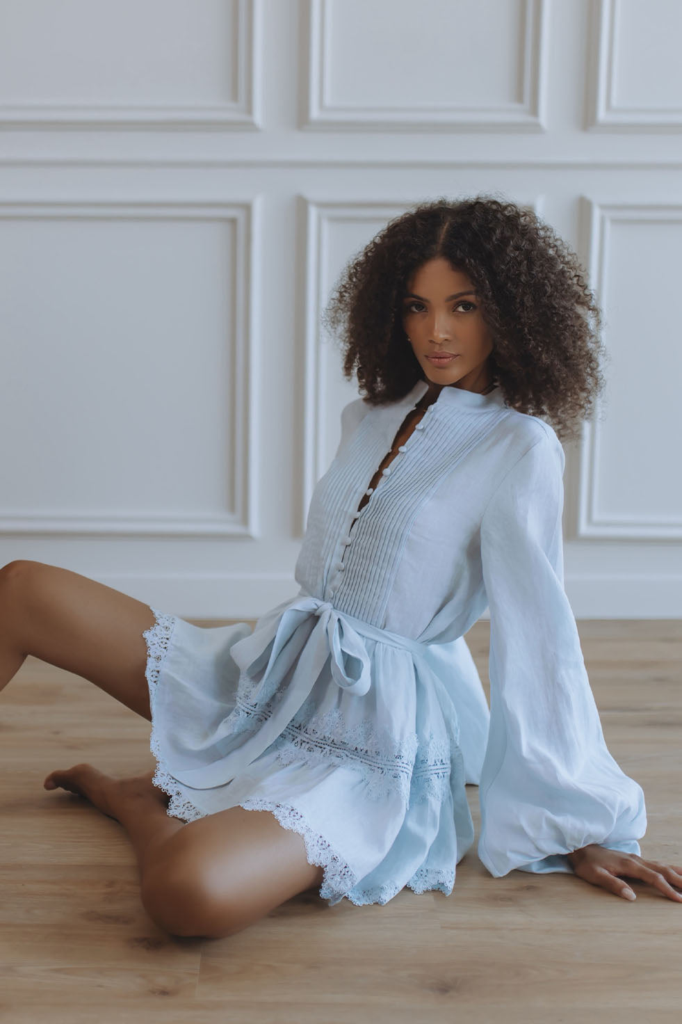 AURELIE LACE TRIM LINEN MINI DRESS - SKY BLUE – CHIC LE FRIQUE