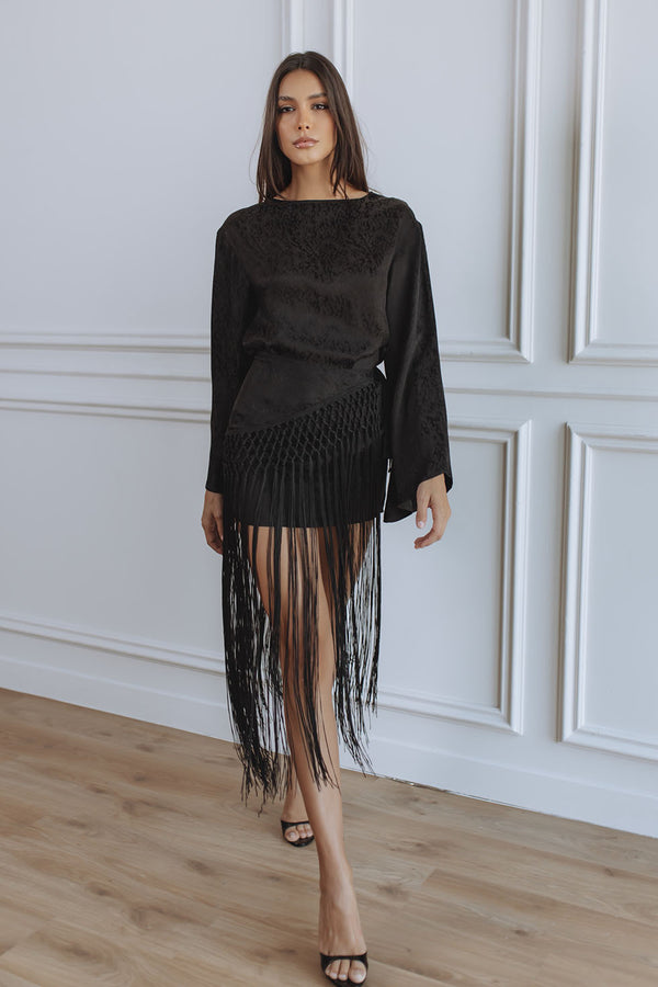 BIANCA FRINGE MINI DRESS - BLACK JACQUARD