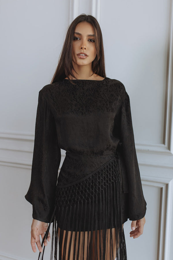 BIANCA FRINGE MINI DRESS - BLACK JACQUARD