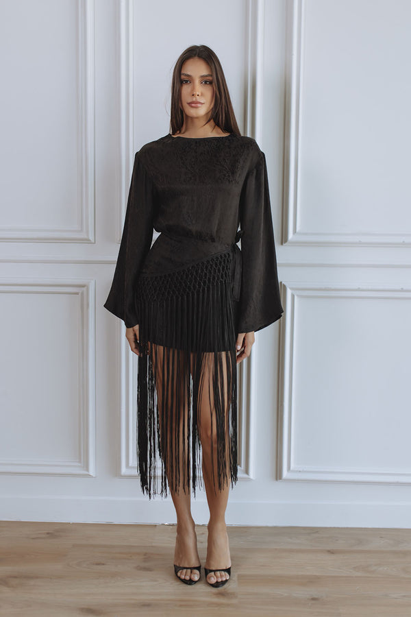 BIANCA FRINGE MINI DRESS - BLACK JACQUARD