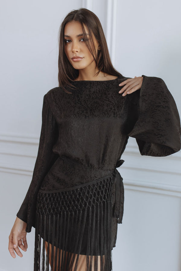BIANCA FRINGE MINI DRESS - BLACK JACQUARD