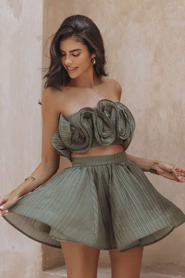 CELINE RUFFLE TOP - OLIVE GREEN