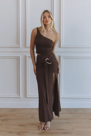 DION GOLD DETAIL MIDI SKIRT - CHOCOLATE