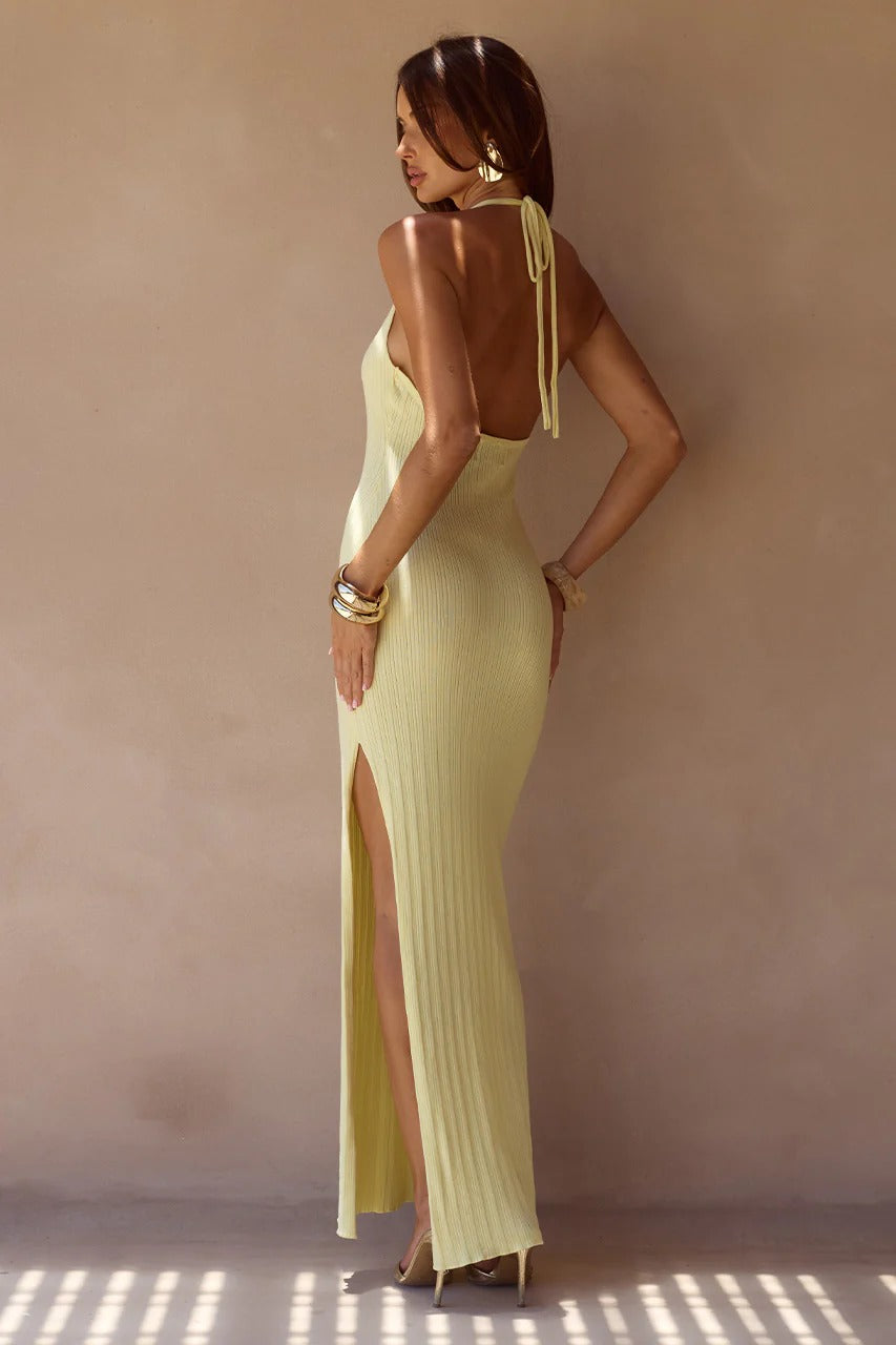 LILABELLE HALTER KNIT MAXI DRESS - LEMON CHIC LE FRIQUE LILABELLE HALTER KNIT MAXI DRESS - LEMON CHIC LE FRIQUE