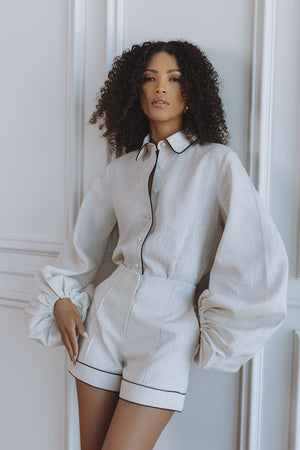 JESSICA LINEN SHORTS - NATURAL/BLACK TRIM