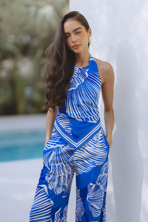 RILEIGH HALTER TIE BACK TOP - SHELLIE BLUE