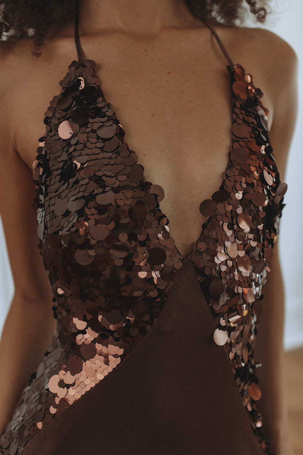 YVE SEQUIN SATIN HALTER DRESS - CHOCOLATE