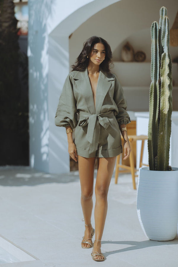MAXIE LINEN PLAYSUIT - ARMY GREEN